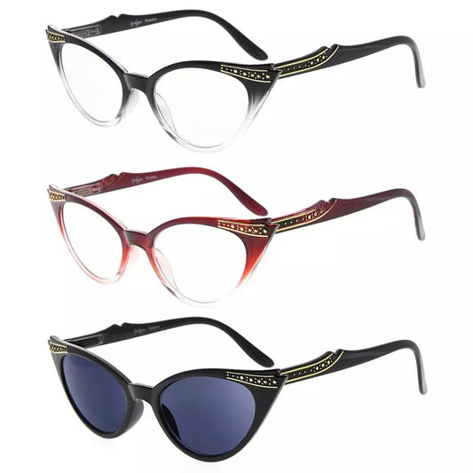 3 Pack Cat - eye Reading Glasses Include Sunshine Readers R914eyekeeper.com