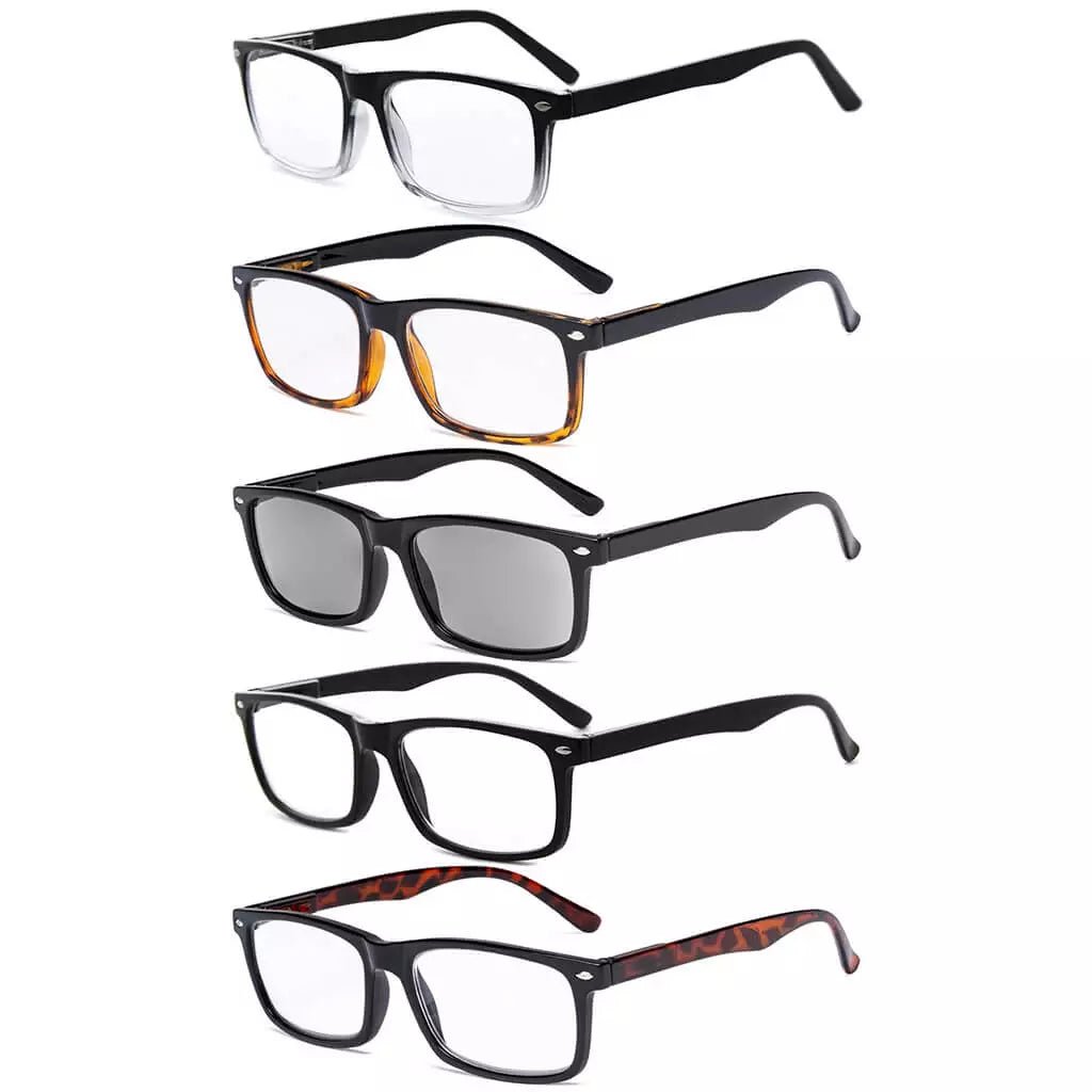 5 Pack Retro square Reading Glasses Include Sunshine Glasses R899Xeyekeeper.com