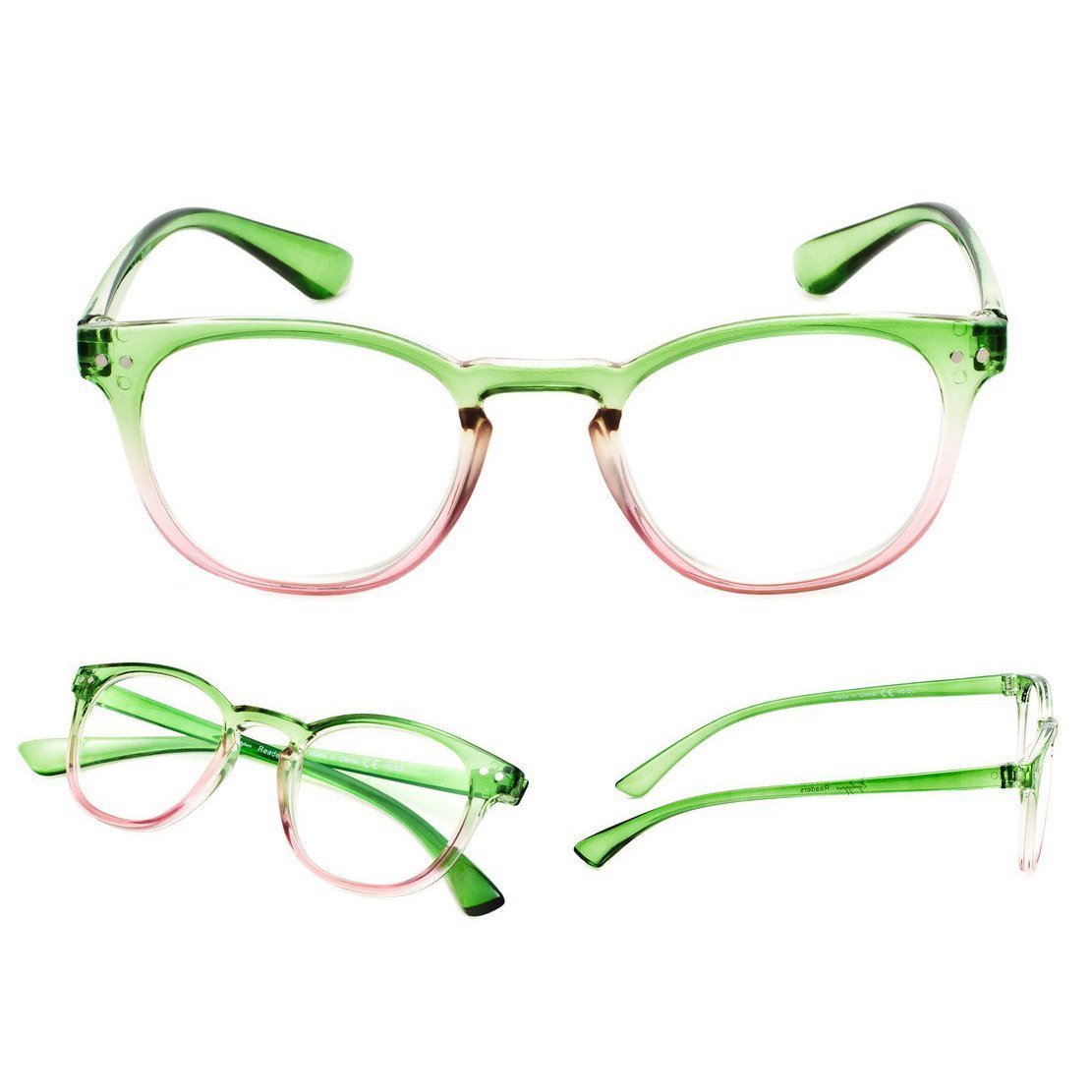 Pink and cheap green reading glasses